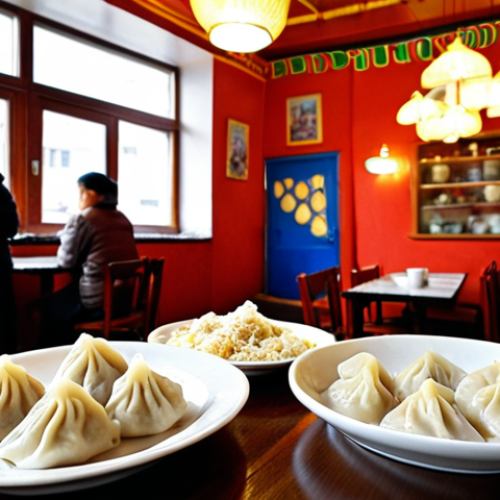Home 25 **A vibrant Ulaanbaatar cafe scene:** A bustling Mongolian cafe filled with people enjoying "buuz" (steamed dumplings). In the foreground, a plate of buuz is prominently displayed with a dollop of sour cream (smetana) on the side. The cafe's decor subtly blends traditional Mongolian motifs with Soviet-era architectural elements.