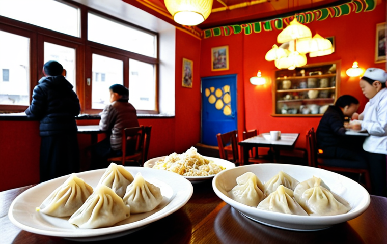 **A vibrant Ulaanbaatar cafe scene:** A bustling Mongolian cafe filled with people enjoying "buuz" (steamed dumplings). In the foreground, a plate of buuz is prominently displayed with a dollop of sour cream (smetana) on the side. The cafe's decor subtly blends traditional Mongolian motifs with Soviet-era architectural elements.