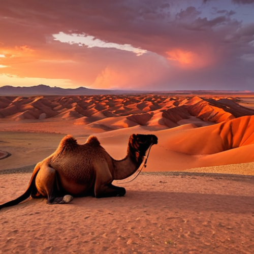 Home 24 **Image Prompt:** Epic panoramic vista of the Gobi Desert at sunset. Flaming Cliffs of Bayanzag in the background, bathed in orange and red light. In the foreground, a Bactrian camel grazes peacefully near a traditional Mongolian ger. Stars begin to appear in the darkening sky.