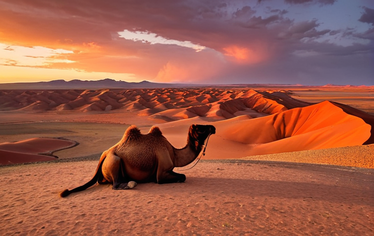 **Image Prompt:** Epic panoramic vista of the Gobi Desert at sunset. Flaming Cliffs of Bayanzag in the background, bathed in orange and red light. In the foreground, a Bactrian camel grazes peacefully near a traditional Mongolian ger. Stars begin to appear in the darkening sky.