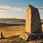**Prompt:** A sweeping vista of the Mongolian steppe in Khentii province, bathed in golden hour light. Rolling hills stretch to the horizon, punctuated by rocky outcrops. In the foreground, a weathered stone marker stands as a silent witness to history. The sky is vast and dramatic, with wisps of clouds suggesting the nomadic spirit of the land. Ethereal, historical, atmospheric.