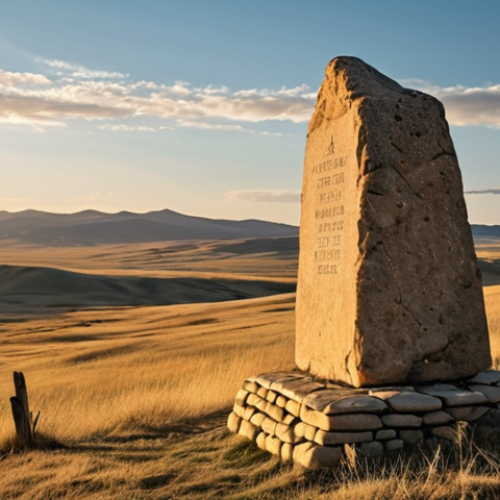 Home 23 **Prompt:** A sweeping vista of the Mongolian steppe in Khentii province, bathed in golden hour light. Rolling hills stretch to the horizon, punctuated by rocky outcrops. In the foreground, a weathered stone marker stands as a silent witness to history. The sky is vast and dramatic, with wisps of clouds suggesting the nomadic spirit of the land. Ethereal, historical, atmospheric.