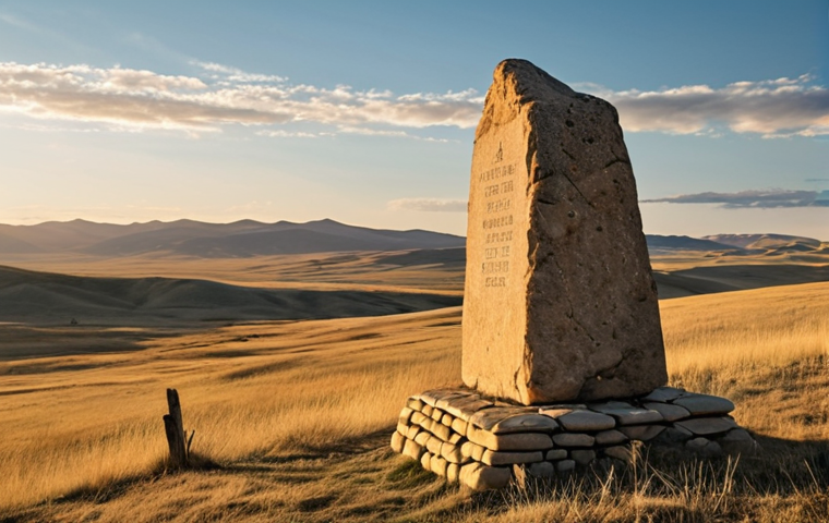 **Prompt:** A sweeping vista of the Mongolian steppe in Khentii province, bathed in golden hour light. Rolling hills stretch to the horizon, punctuated by rocky outcrops. In the foreground, a weathered stone marker stands as a silent witness to history. The sky is vast and dramatic, with wisps of clouds suggesting the nomadic spirit of the land. Ethereal, historical, atmospheric.
