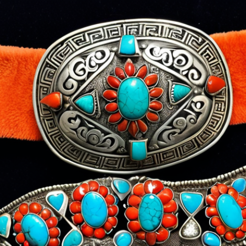 Home 22 **Image Prompt:** Intricately detailed Mongolian silver belt with ornate silver plaques, vibrant coral, and turquoise stones. The belt is displayed on a dark velvet background to highlight the details and craftsmanship. Focus on the belt's symbolic motifs reflecting power and tradition.