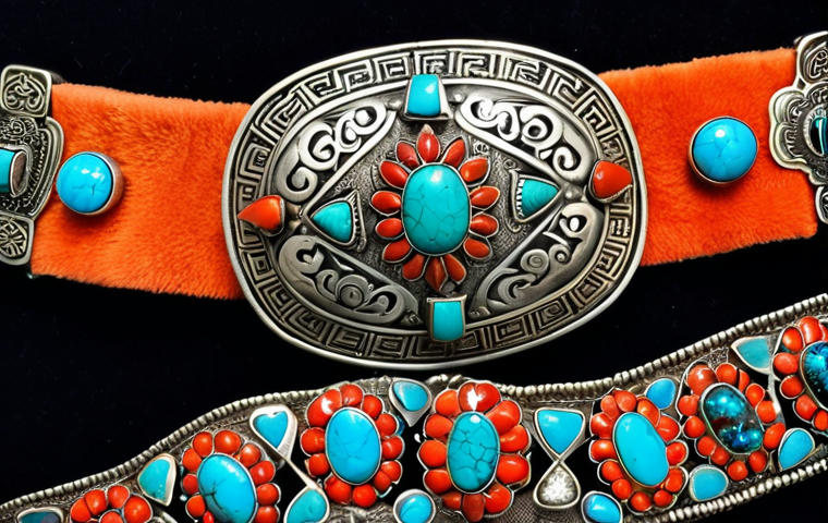 **Image Prompt:** Intricately detailed Mongolian silver belt with ornate silver plaques, vibrant coral, and turquoise stones. The belt is displayed on a dark velvet background to highlight the details and craftsmanship. Focus on the belt's symbolic motifs reflecting power and tradition.