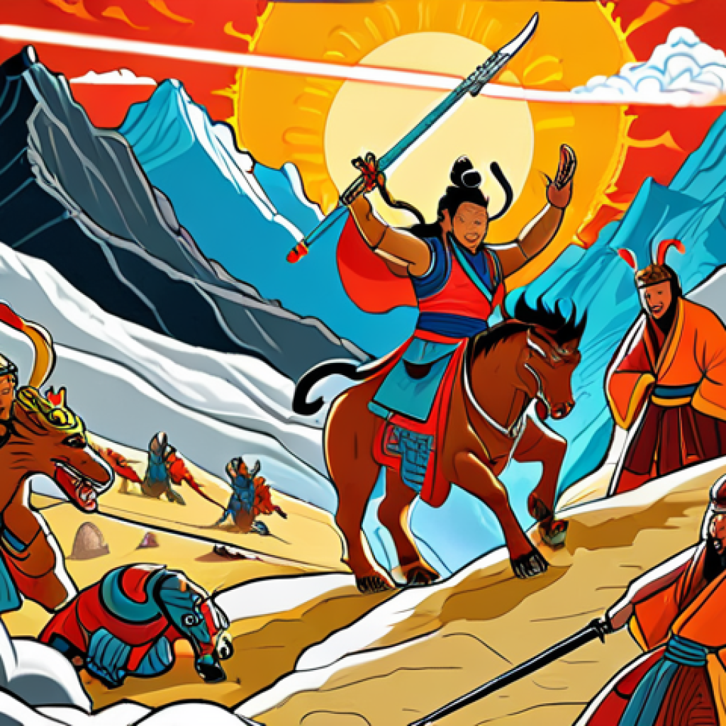 **Prompt:** A vibrant illustration depicting Gesar, the divine hero, battling demons amidst a mountainous landscape, inspired by Mongolian epic poetry. Include elements of traditional Mongolian clothing and weaponry. The style should evoke ancient scroll paintings with rich, warm colors.