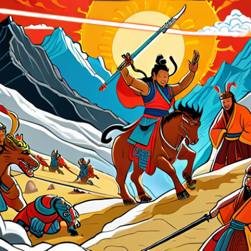 Home 11 **Prompt:** A vibrant illustration depicting Gesar, the divine hero, battling demons amidst a mountainous landscape, inspired by Mongolian epic poetry. Include elements of traditional Mongolian clothing and weaponry. The style should evoke ancient scroll paintings with rich, warm colors.