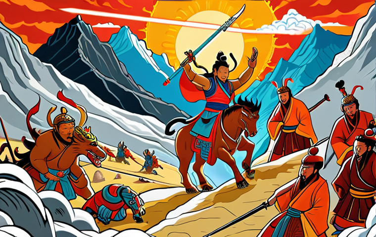 **Prompt:** A vibrant illustration depicting Gesar, the divine hero, battling demons amidst a mountainous landscape, inspired by Mongolian epic poetry. Include elements of traditional Mongolian clothing and weaponry. The style should evoke ancient scroll paintings with rich, warm colors.