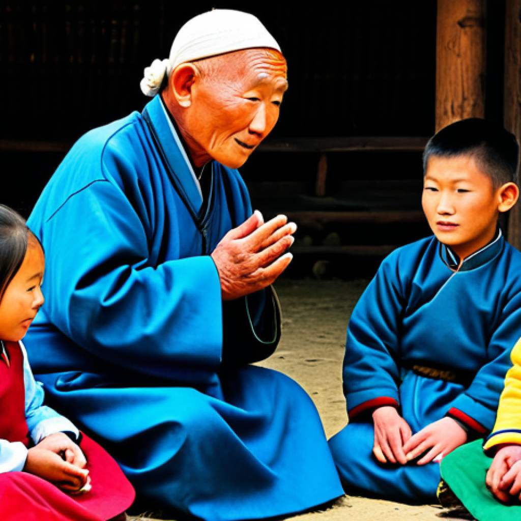 Mongolian Storyteller**
"A wise elderly Mongolian storyteller, fully clothed in traditional deel, sitting around a ger with a group of children, telling a myth about respecting nature, appropriate attire, safe for work, family-friendly, professional illustration, perfect anatomy, natural proportions, well-formed hands, proper finger count, high quality."
**