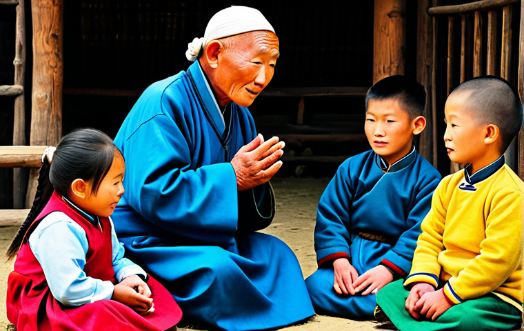 Mongolian Storyteller**
"A wise elderly Mongolian storyteller, fully clothed in traditional deel, sitting around a ger with a group of children, telling a myth about respecting nature, appropriate attire, safe for work, family-friendly, professional illustration, perfect anatomy, natural proportions, well-formed hands, proper finger count, high quality."
**