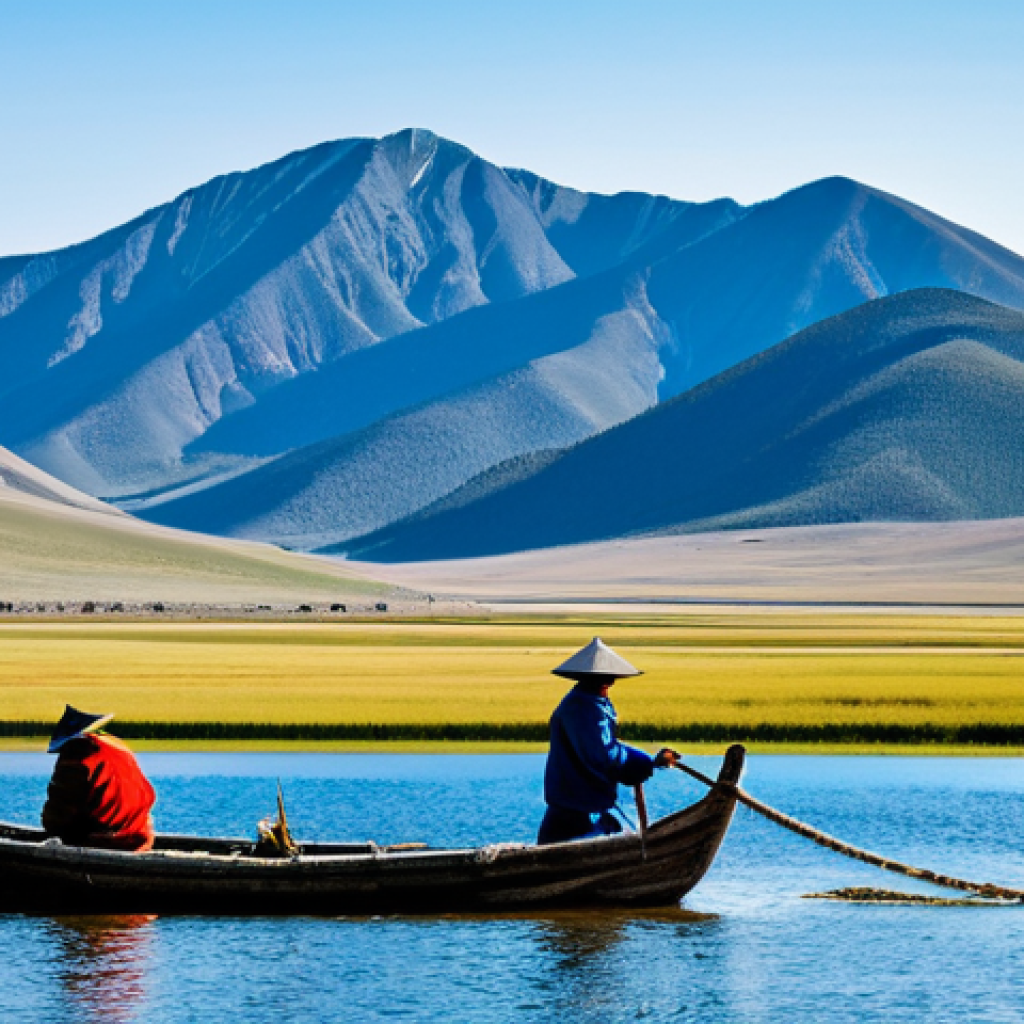 몽골 수산업 발전 현황 - "A panoramic view of Lake Khuvsgul in Mongolia, with a local fisherman in traditional clothing casti...