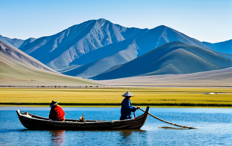 몽골 수산업 발전 현황 - "A panoramic view of Lake Khuvsgul in Mongolia, with a local fisherman in traditional clothing casti...