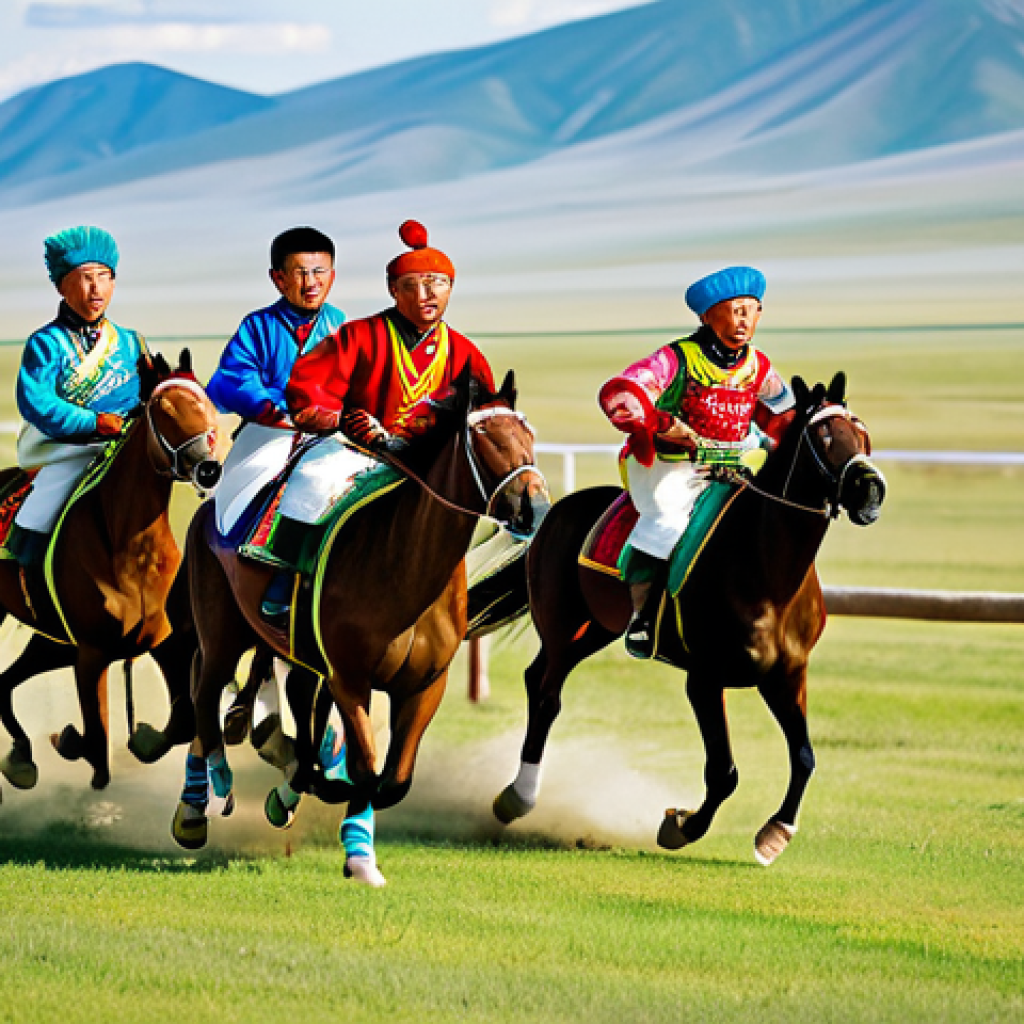 몽골 나담 축제 - "A vibrant scene of the Naadam horse races, featuring young jockeys in colorful traditional clothing...