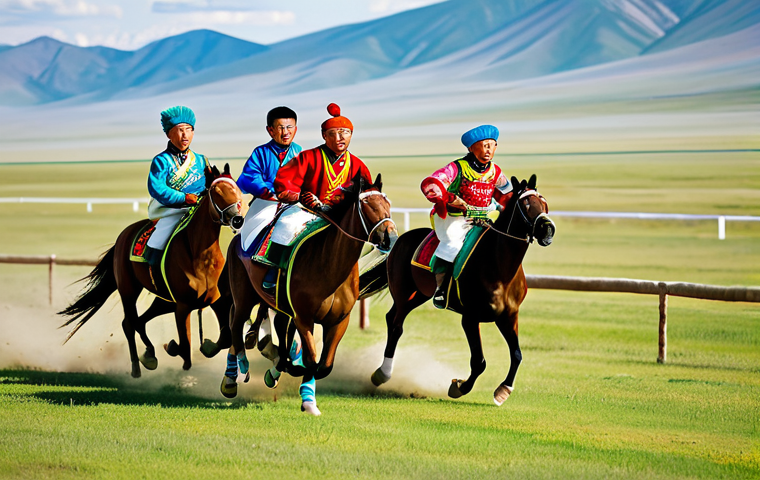 몽골 나담 축제 - "A vibrant scene of the Naadam horse races, featuring young jockeys in colorful traditional clothing...