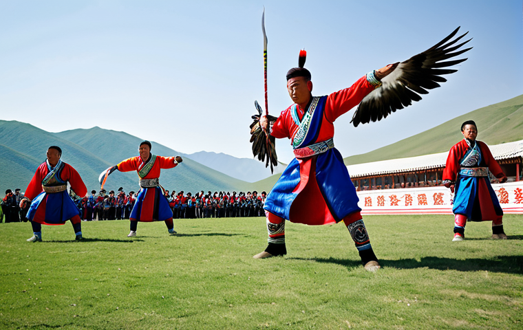 몽골 나담 축제 - "A vibrant scene of the Naadam horse races, featuring young jockeys in colorful traditional clothing...