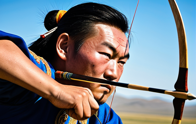 몽골 나담 축제 - "Mongolian wrestlers in traditional blue and red costumes performing the eagle dance before a match,...