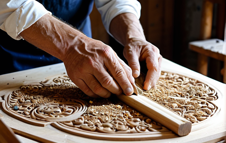 몽골 전통 악기 마린후르 - The Craftsmanship**
"Close-up of a craftsman's hands meticulously carving the horsehead scroll of a...