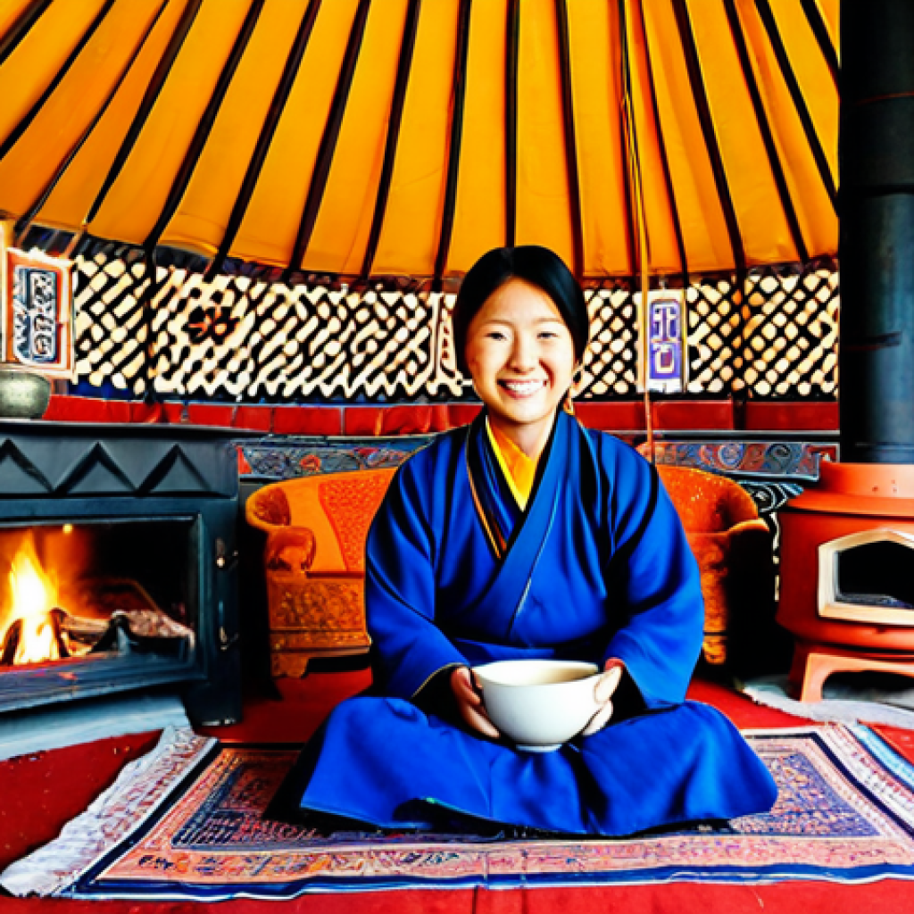 몽골의 유목민과 대화하는 법 - **Prompt:** A warm, inviting interior of a traditional Mongolian *ger* (yurt) at sunset. A nomadic h...