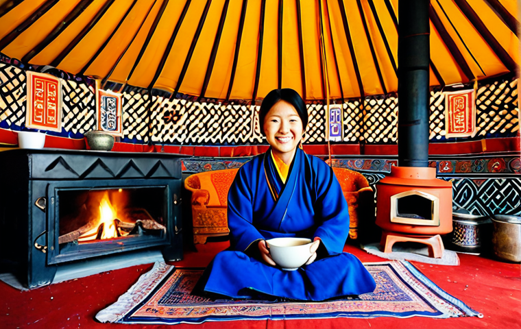 몽골의 유목민과 대화하는 법 - **Prompt:** A warm, inviting interior of a traditional Mongolian *ger* (yurt) at sunset. A nomadic h...
