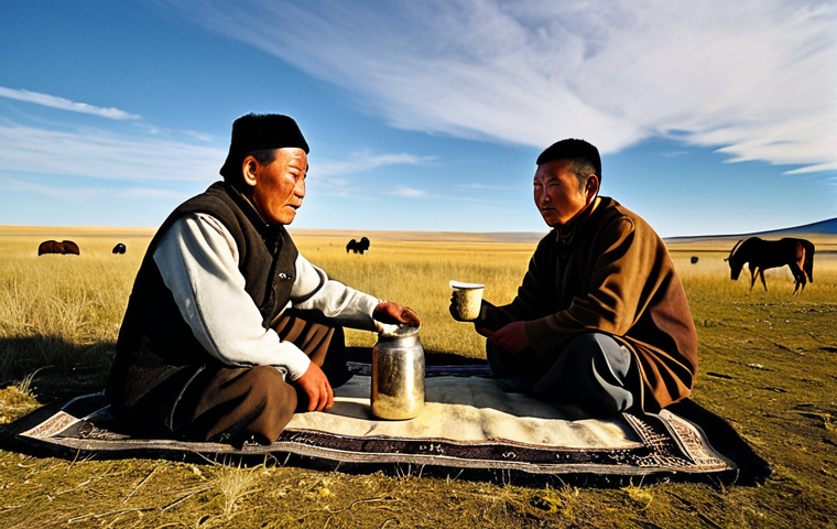 몽골의 유목민과 대화하는 법 - **Prompt:** A warm, inviting interior of a traditional Mongolian *ger* (yurt) at sunset. A nomadic h...