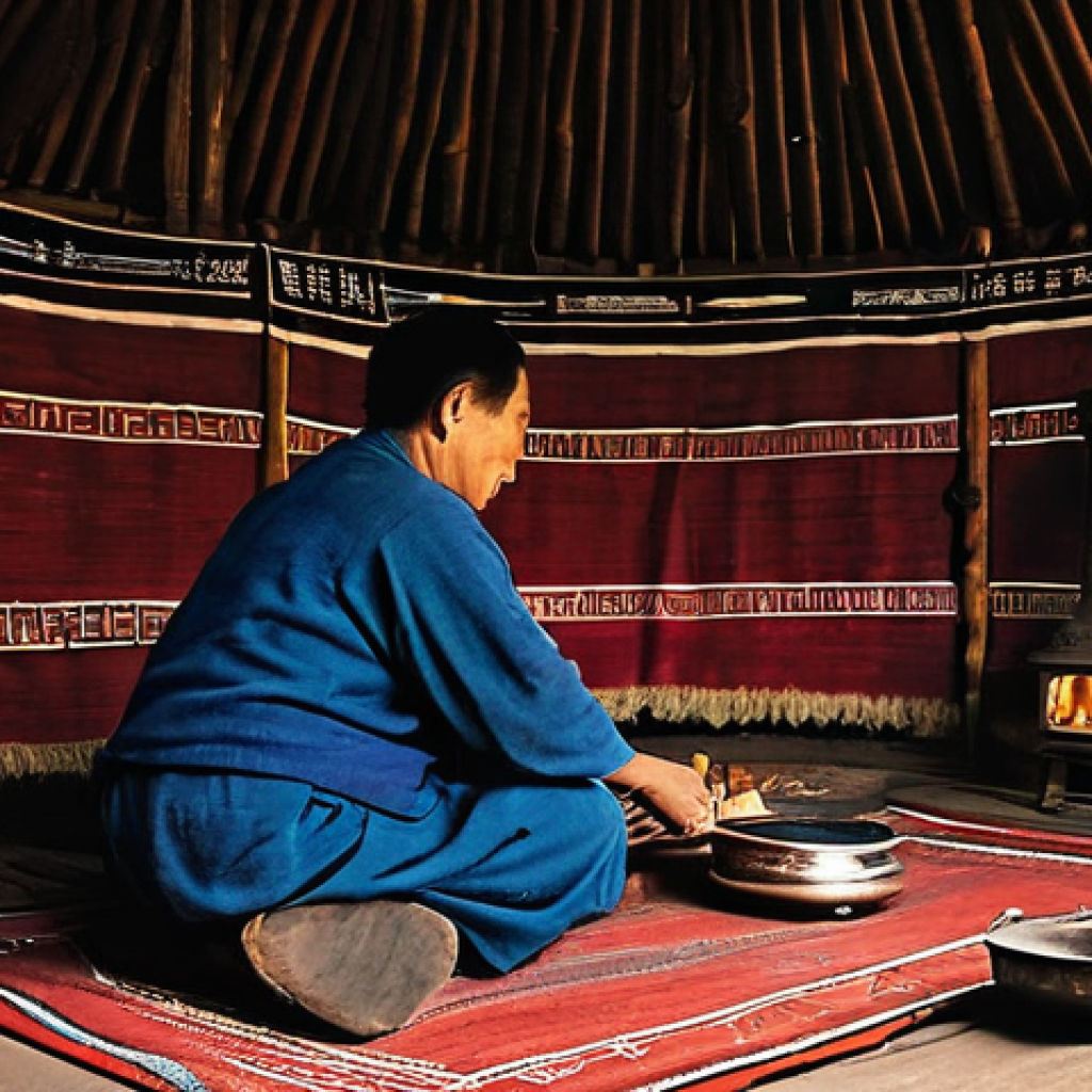몽골의 유목민 장비 - **Prompt:** A cozy and authentically decorated interior of a Mongolian ger at dusk. The central wood...