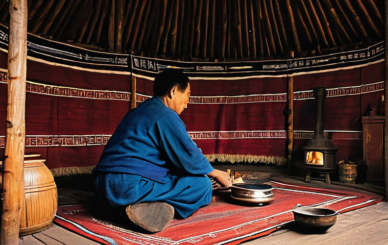 몽골의 유목민 장비 - **Prompt:** A cozy and authentically decorated interior of a Mongolian ger at dusk. The central wood...