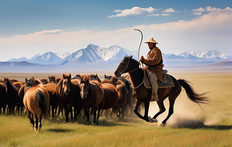 몽골의 유목민 장비 - **Prompt:** A full-body portrait of a proud Mongolian herder, standing confidently on the vast, open...