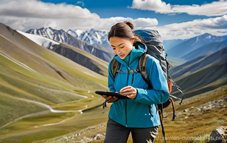 몽골 여행을 위한 지도 앱 - **Prompt:** A solo adventurer, dressed in practical and robust outdoor adventure attire suitable for...
