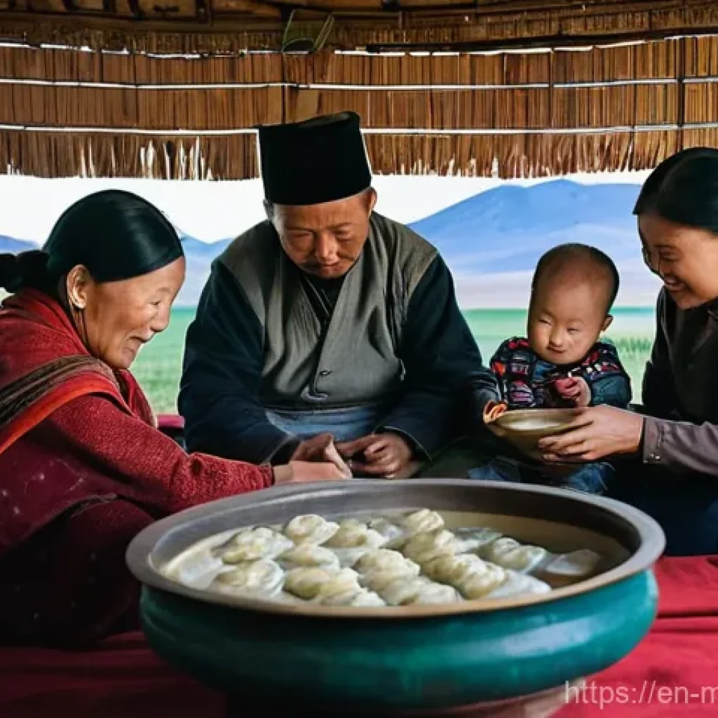 몽골 지역별 주요 식재료 - **Central Steppes Family Meal:** A heartwarming scene inside a traditional Mongolian ger. A nomadic ...