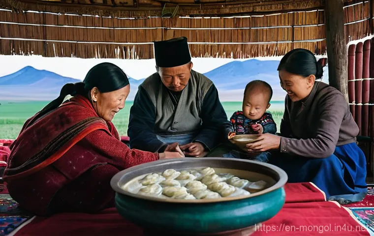 몽골 지역별 주요 식재료 - **Central Steppes Family Meal:** A heartwarming scene inside a traditional Mongolian ger. A nomadic ...