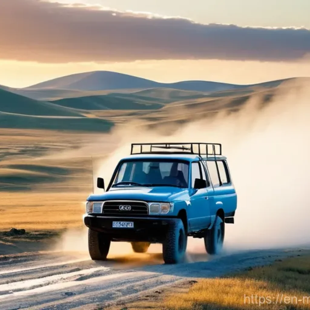몽골의 주요 교통수단 - **Prompt:** A rugged, dust-covered 4x4 vehicle, specifically a UAZ-452 van or a Toyota Land Cruiser,...