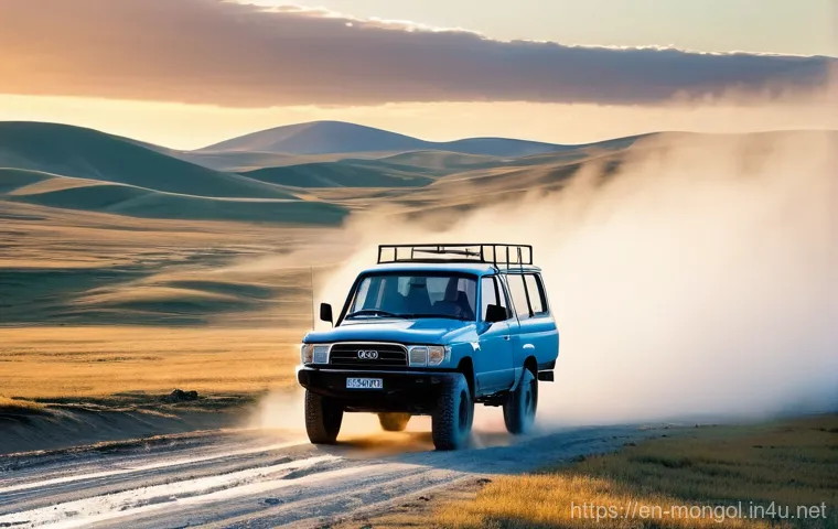 몽골의 주요 교통수단 - **Prompt:** A rugged, dust-covered 4x4 vehicle, specifically a UAZ-452 van or a Toyota Land Cruiser,...