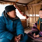 몽골 가이드 투어 선택법 - **Prompt: "A cozy and warm scene inside a traditional Mongolian ger. A male Mongolian guide, dressed...