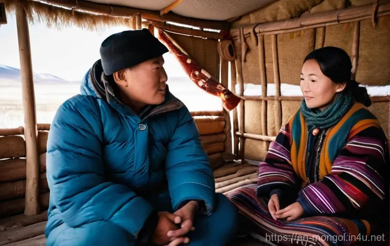 몽골 가이드 투어 선택법 - **Prompt: "A cozy and warm scene inside a traditional Mongolian ger. A male Mongolian guide, dressed...