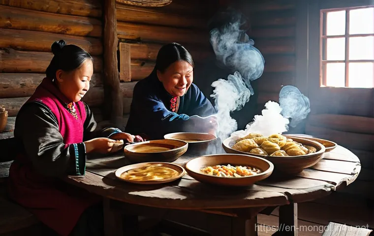 몽골의 전통 요리와 맛 - **Prompt: A heartwarming scene inside a traditional Mongolian gher, filled with soft, natural light ...