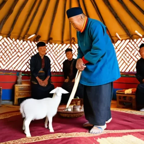 Home 21 몽골 전통 보드 게임 - **Prompt:** A vibrant scene inside a traditional Mongolian ger (yurt), bathed in warm, natural light...