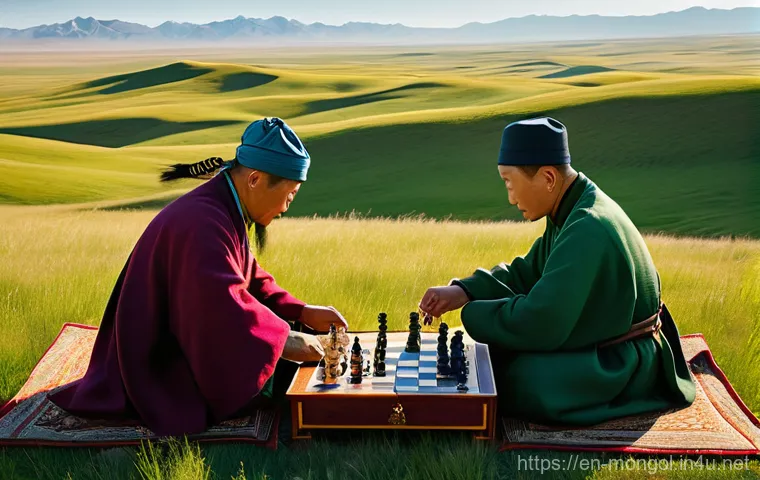 몽골 전통 보드 게임 - **Prompt:** A vibrant scene inside a traditional Mongolian ger (yurt), bathed in warm, natural light...