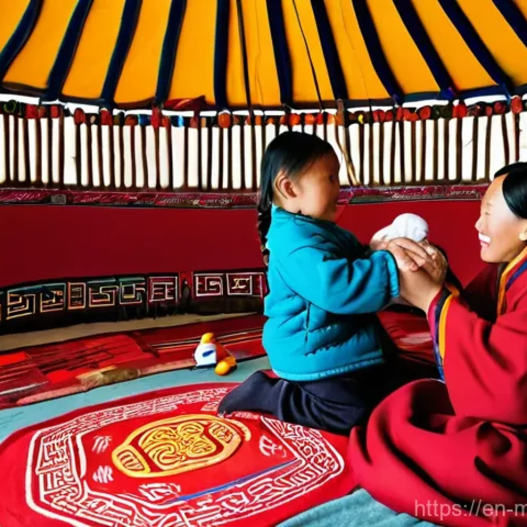몽골의 불교적 상징 - **Prompt:** A heartwarming scene inside a traditional Mongolian ger (yurt), bathed in soft, natural ...