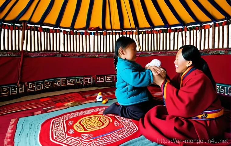 몽골의 불교적 상징 - **Prompt:** A heartwarming scene inside a traditional Mongolian ger (yurt), bathed in soft, natural ...
