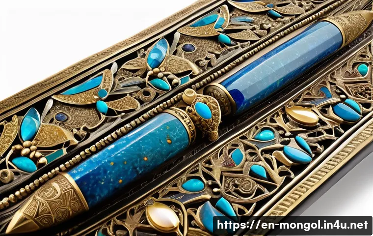 몽골 황금기의 유물 - A highly detailed close-up of a Mongol artisan&rsquo;s workshop table featuring exquisite metalwork jewelr...