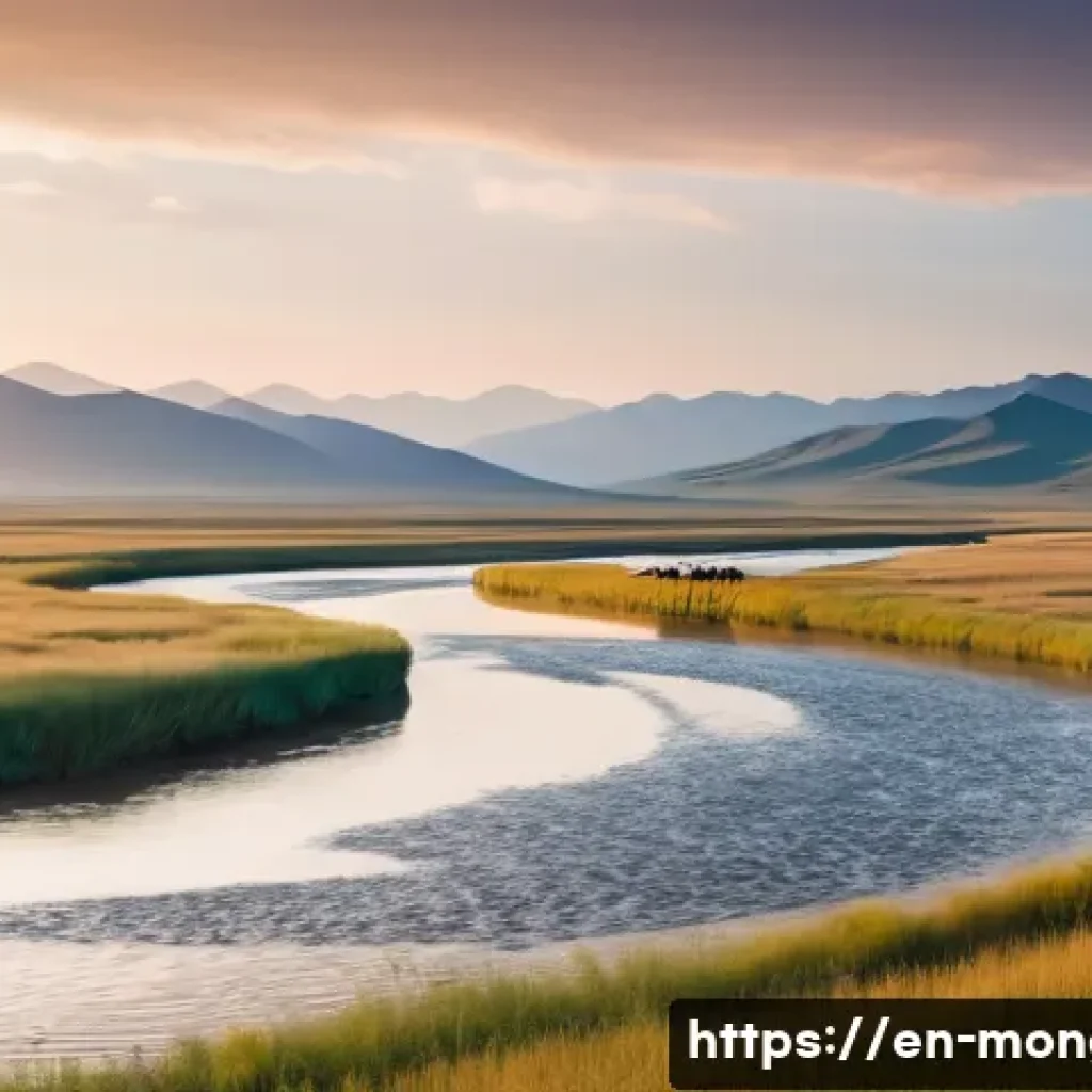 몽골의 전통 해양 신화 - A serene Mongolian river scene at dawn, featuring a wide, flowing river winding through expansive st...