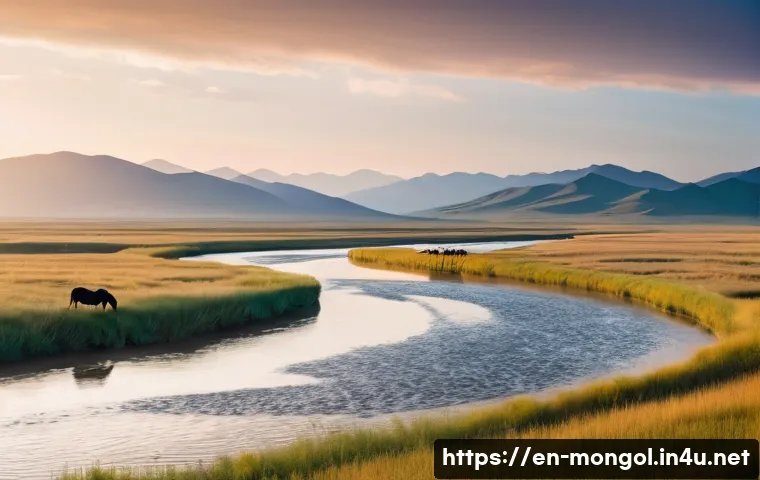 몽골의 전통 해양 신화 - A serene Mongolian river scene at dawn, featuring a wide, flowing river winding through expansive st...