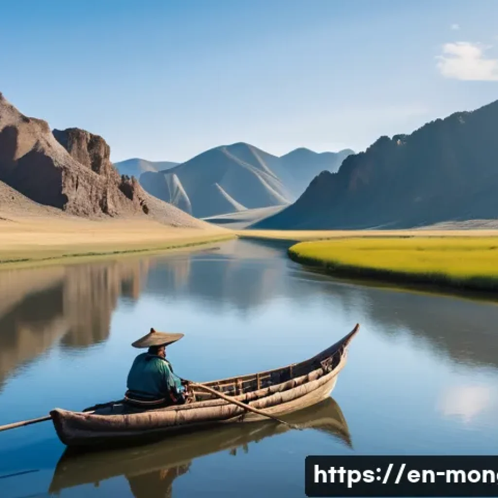 몽골 강 유람선 투어 - A serene, wide Mongolian river winding through untouched wilderness under a clear blue sky, with gen...