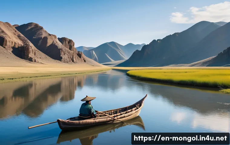 몽골 강 유람선 투어 - A serene, wide Mongolian river winding through untouched wilderness under a clear blue sky, with gen...