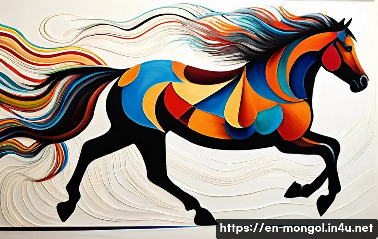 몽골 현대 예술의 주요 주제 - A dynamic contemporary painting capturing the spirit of Mongolian nomadic culture, featuring an abst...