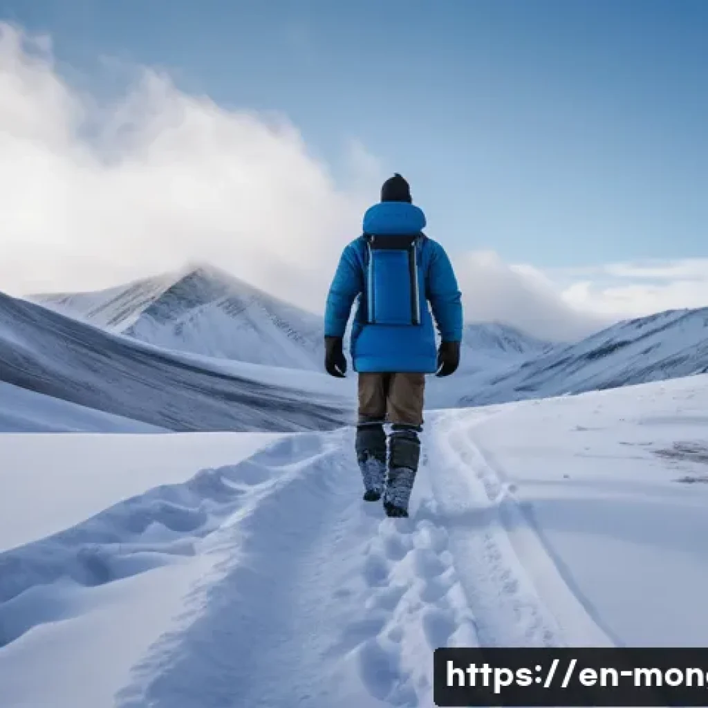 몽골 겨울 의복 준비 - A rugged Mongolian winter landscape featuring a traveler dressed in a full three-layer winter outfit...