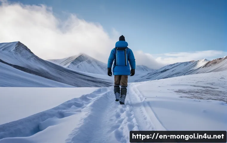 몽골 겨울 의복 준비 - A rugged Mongolian winter landscape featuring a traveler dressed in a full three-layer winter outfit...