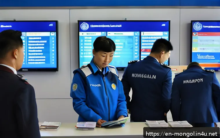 몽골 이민 절차 - A detailed scene of a modern Mongolian immigration checkpoint at Ulaanbaatar’s Chinggis Khaan Intern...