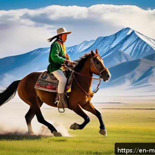 Home 33 몽골에서의 독특한 놀이 - A dynamic scene of a young Mongolian rider, fully clothed in traditional colorful deel and sturdy bo...