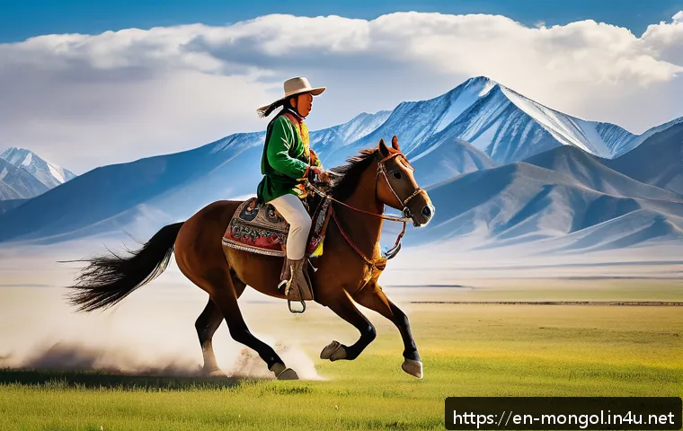 몽골에서의 독특한 놀이 - A dynamic scene of a young Mongolian rider, fully clothed in traditional colorful deel and sturdy bo...
